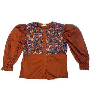 Kate Schorer Top Womens Large Cowboy Indian Print Country Western Puff Sleeve